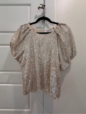 Anthropologie Medium Endless Rose Champagne Sequin Puff Sleeve Blouse